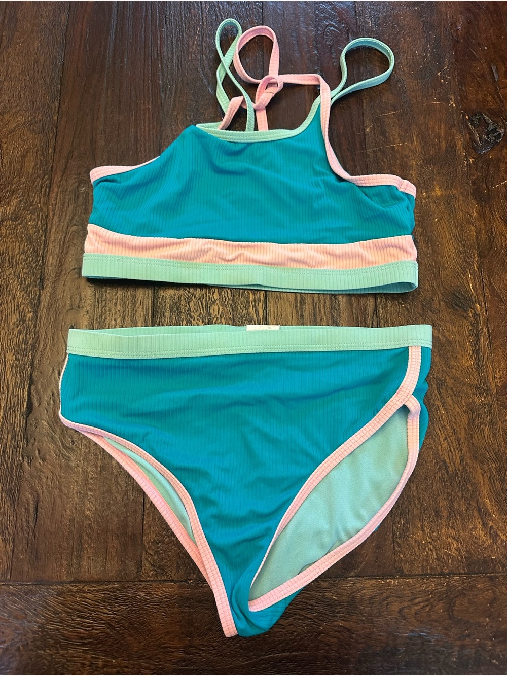 Girls Teal Bikini Set with Pink & Mint Trim